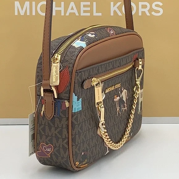 MICHAEL KORS JET SET GIRLS LARGE EAST WEST ZIP PACKED CHAIN XBODY BROWN MULTI - Picture 5 of 16